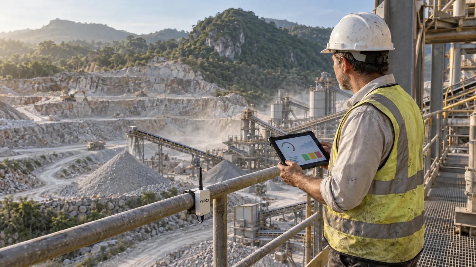 A quarry plant manager on a crushing plant walkway checks live readings on a tablet, with a VYROX wireless sensor on the handrail and the limestone pit behind