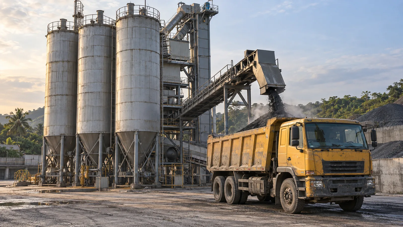 Asphalt batch mix plant loading a truck with hot mix