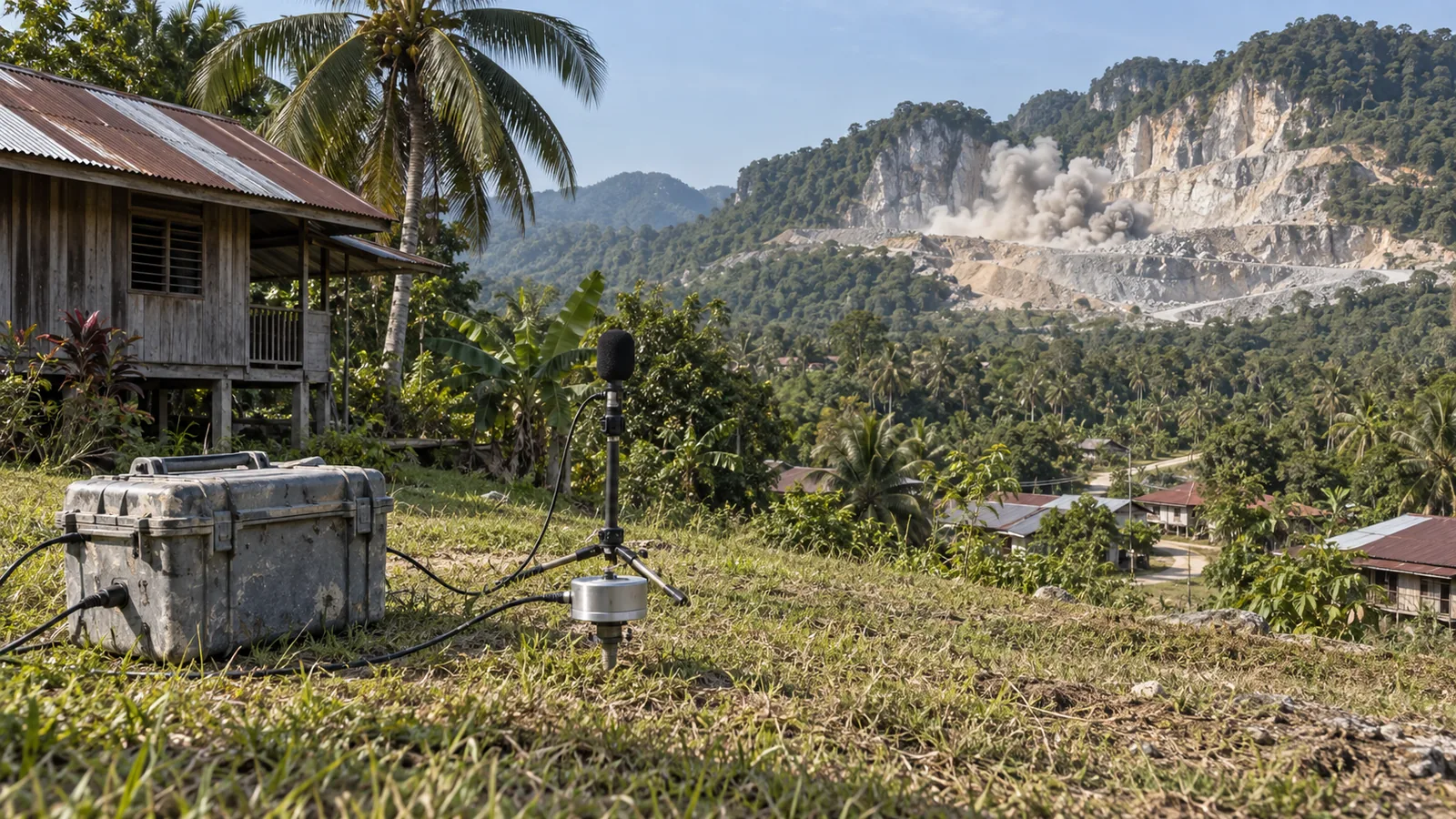 Blast vibration monitor near a village with a distant quarry blast