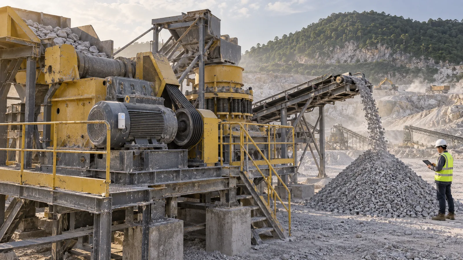 Jaw and cone crusher station at a limestone quarry