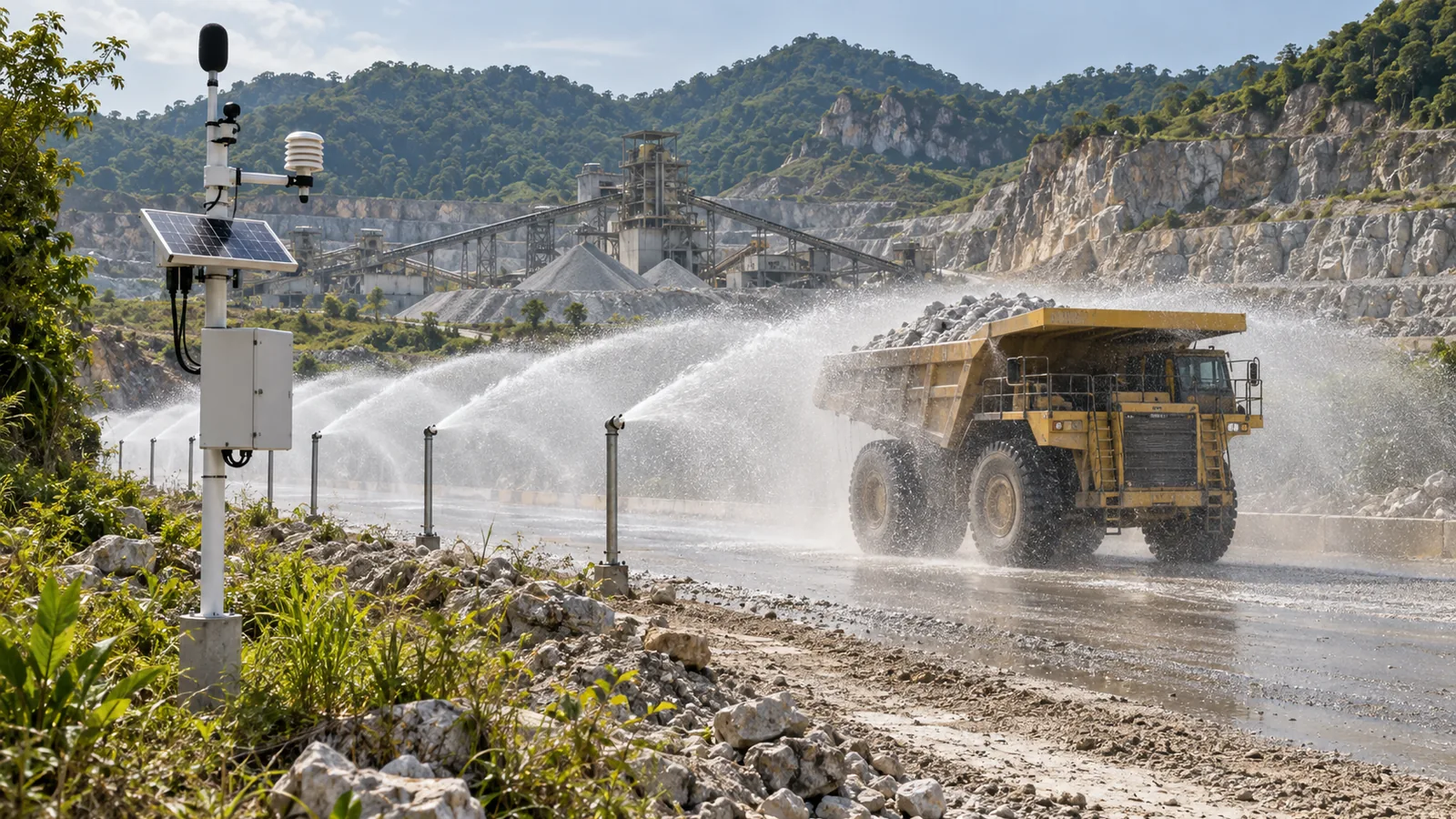 Dust suppression sprinklers on a haul road with a monitoring station