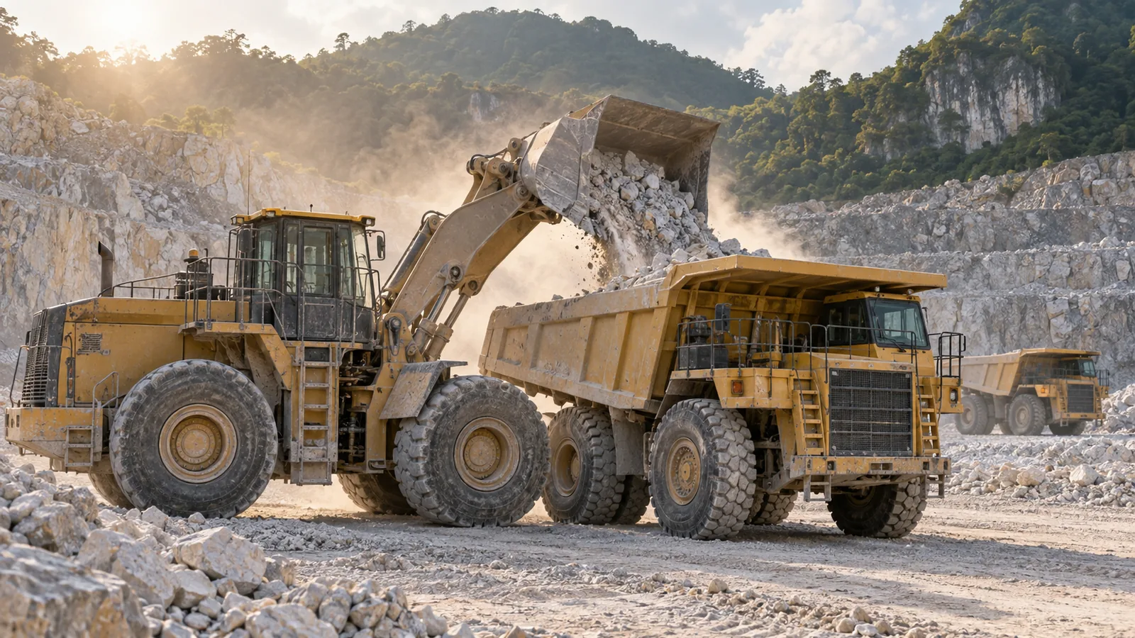 Wheel loader loading a haul truck at the quarry face