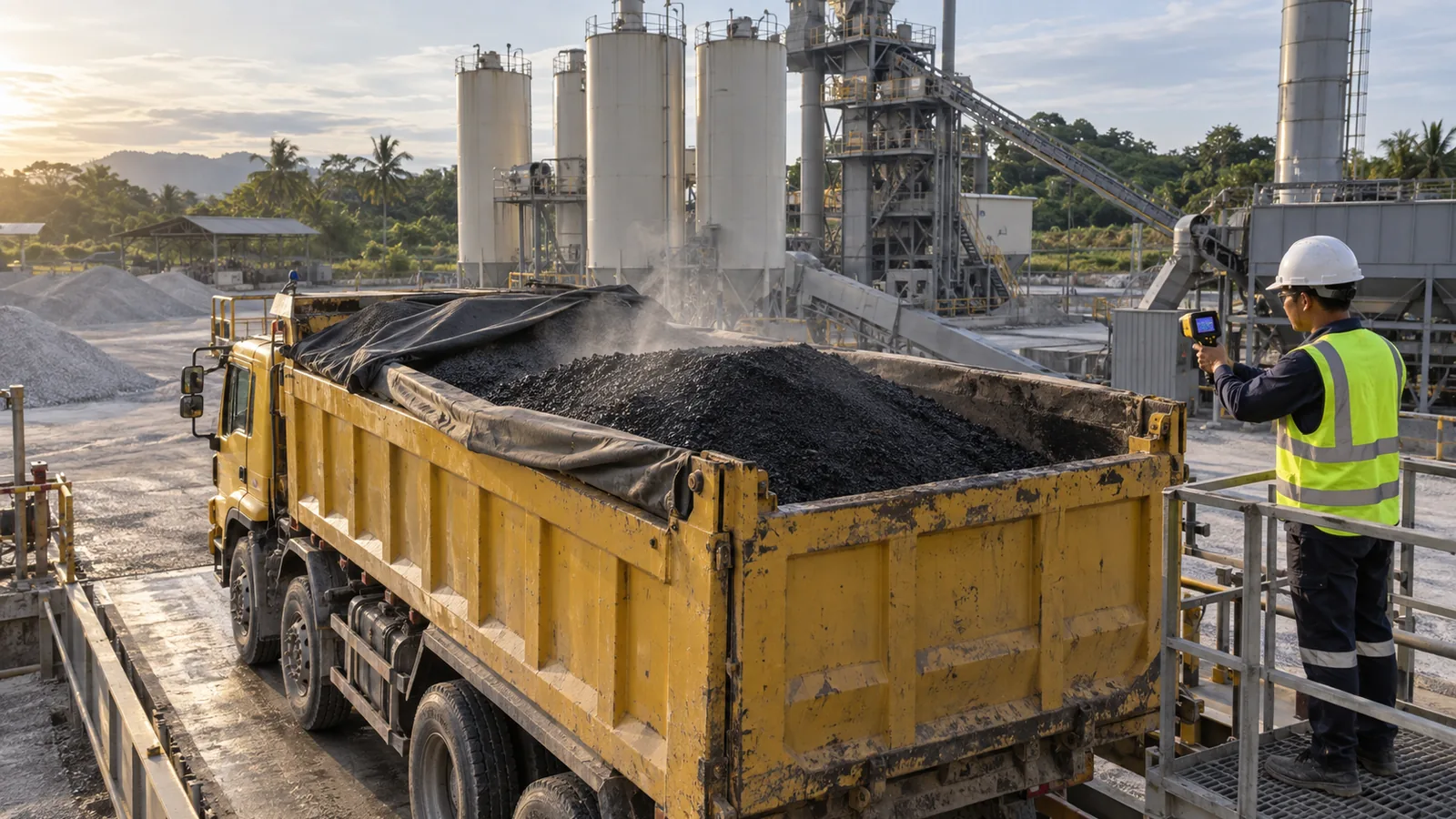 Truck loaded with hot-mix asphalt, visible view