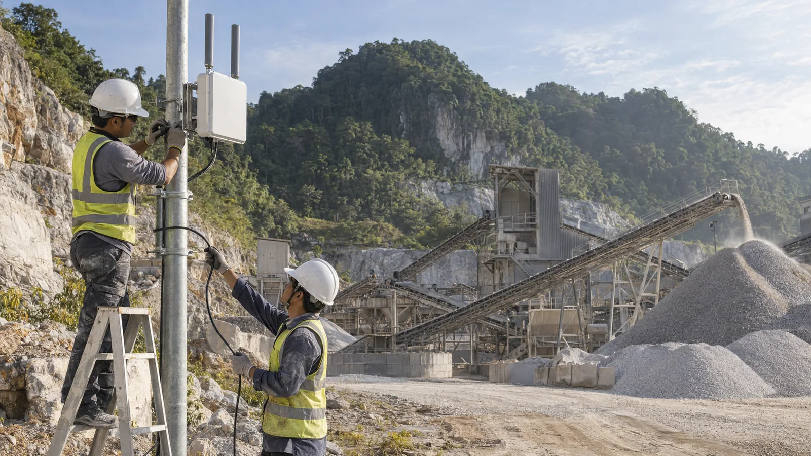 VYROX field engineers installing an outdoor gateway on a mast beside a crushing plant