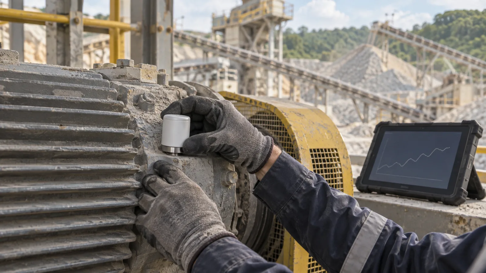 Technician fixing a vibration sensor to a crusher motor