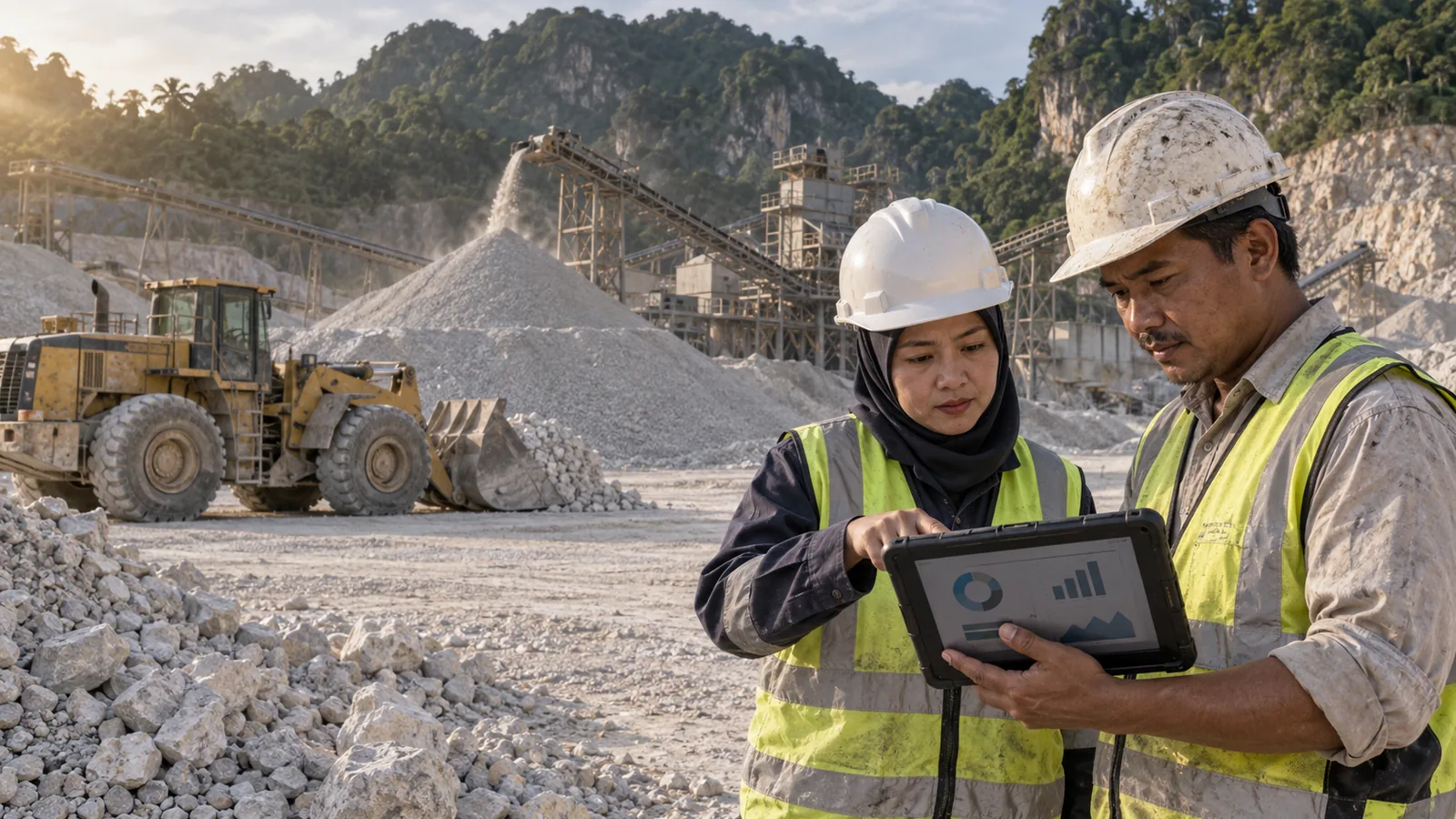 A plant manager and a shift supervisor review the production dashboard on a tablet in the stockyard