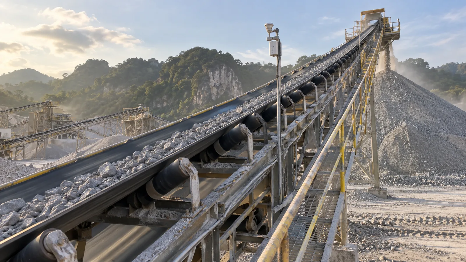 Conveyor carrying crushed stone with a dust monitor beside it