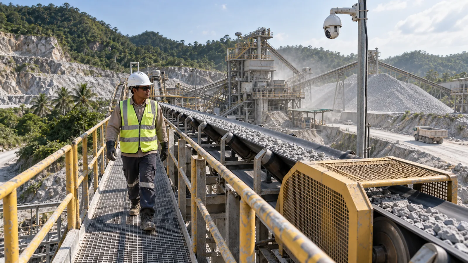 Quarry worker on a walkway beside a conveyor watched by an AI camera