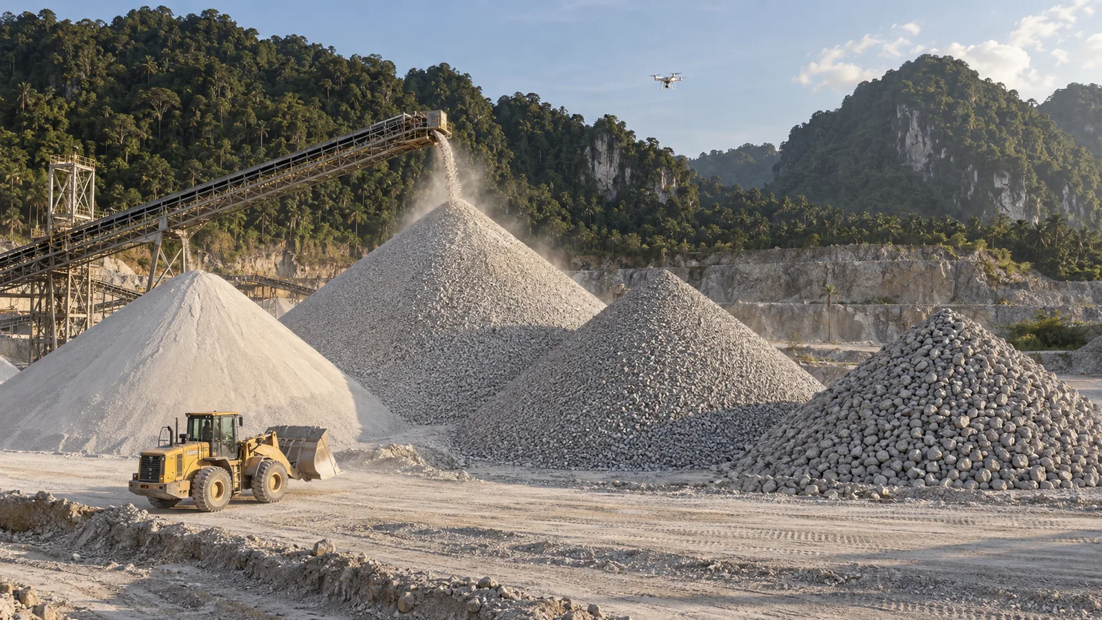 Conical aggregate stockpiles with a stacker and a survey drone