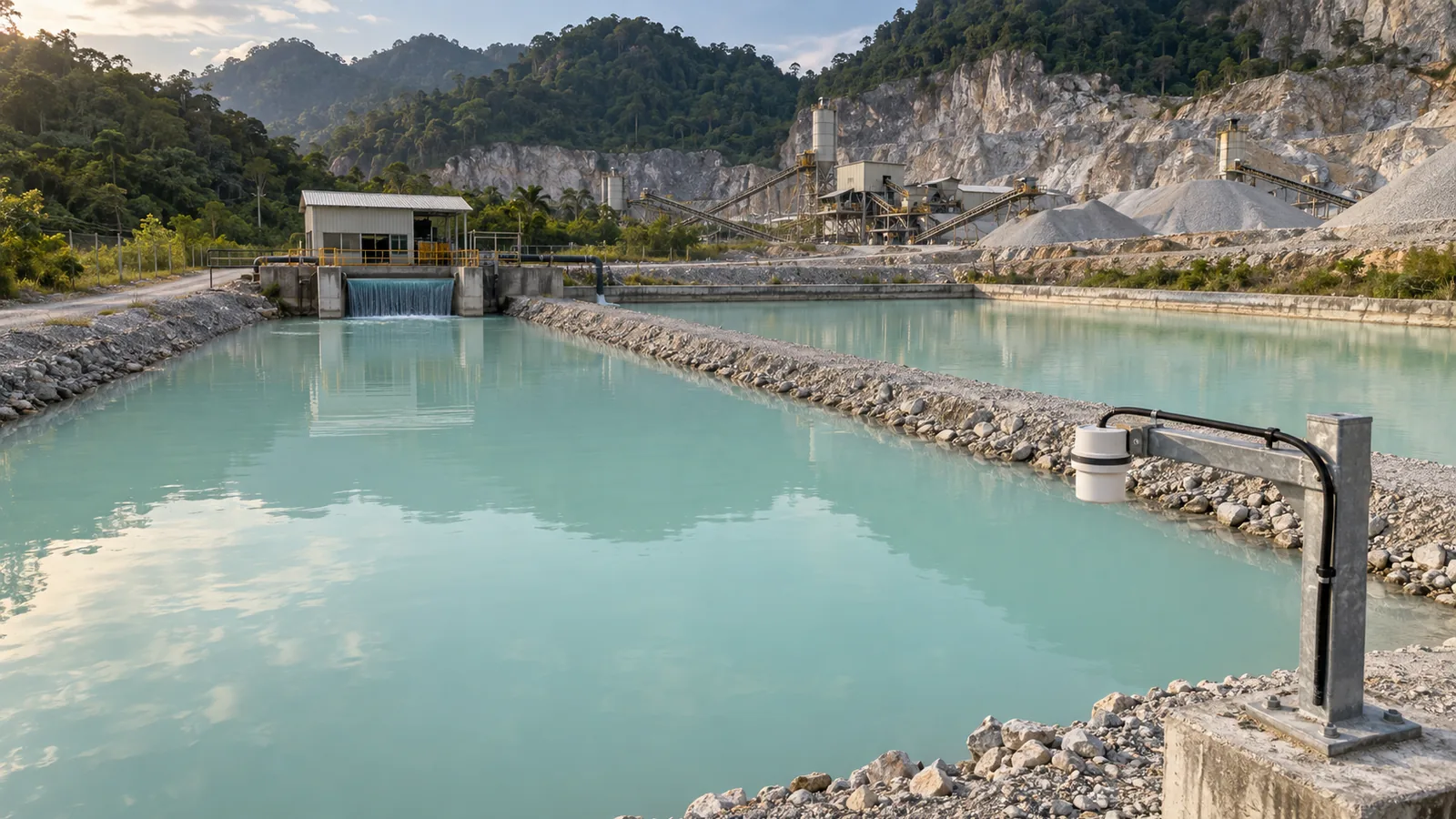 Quarry settling ponds with a level sensor on the edge
