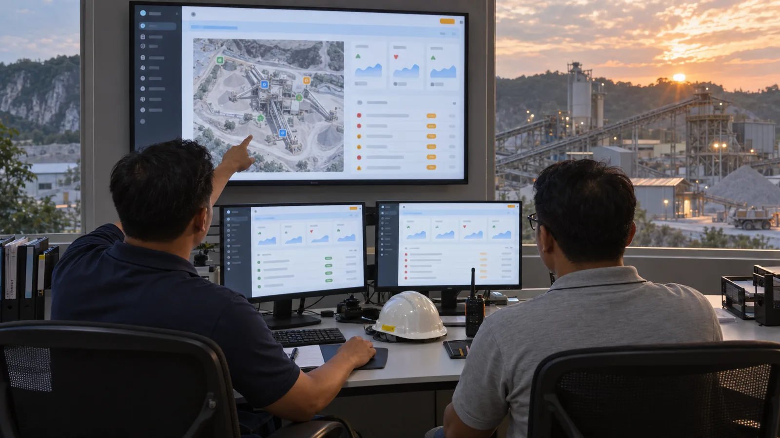 Quarry control room with VYROX Quarry on the wall display and desk monitors