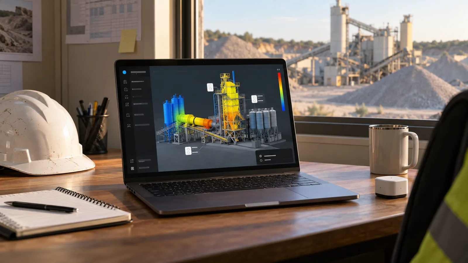 VYROX Quarry digital twin heat view on a laptop in a quarry site office