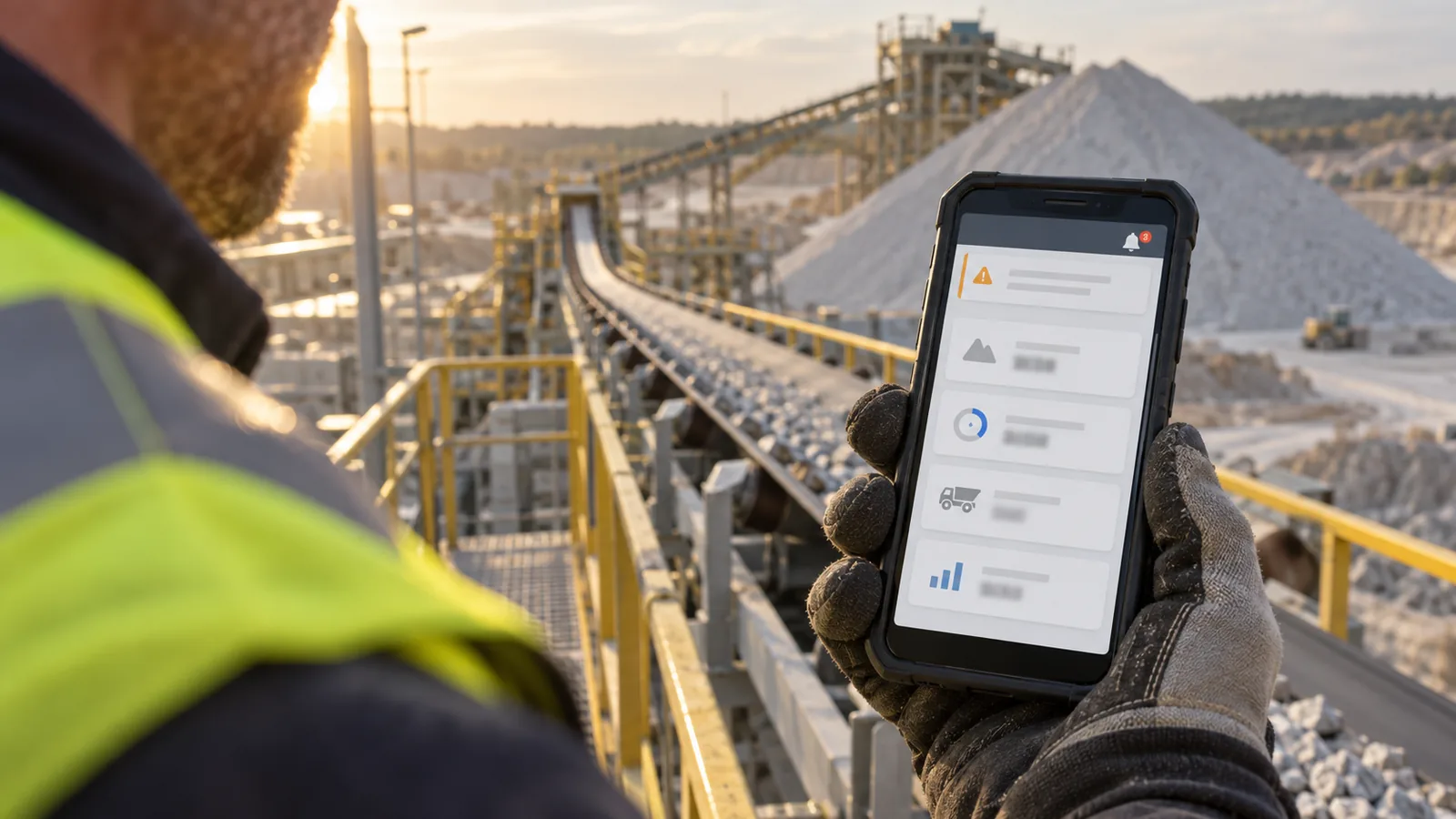 An alarm banner in VYROX Quarry on a phone at the conveyor walkway