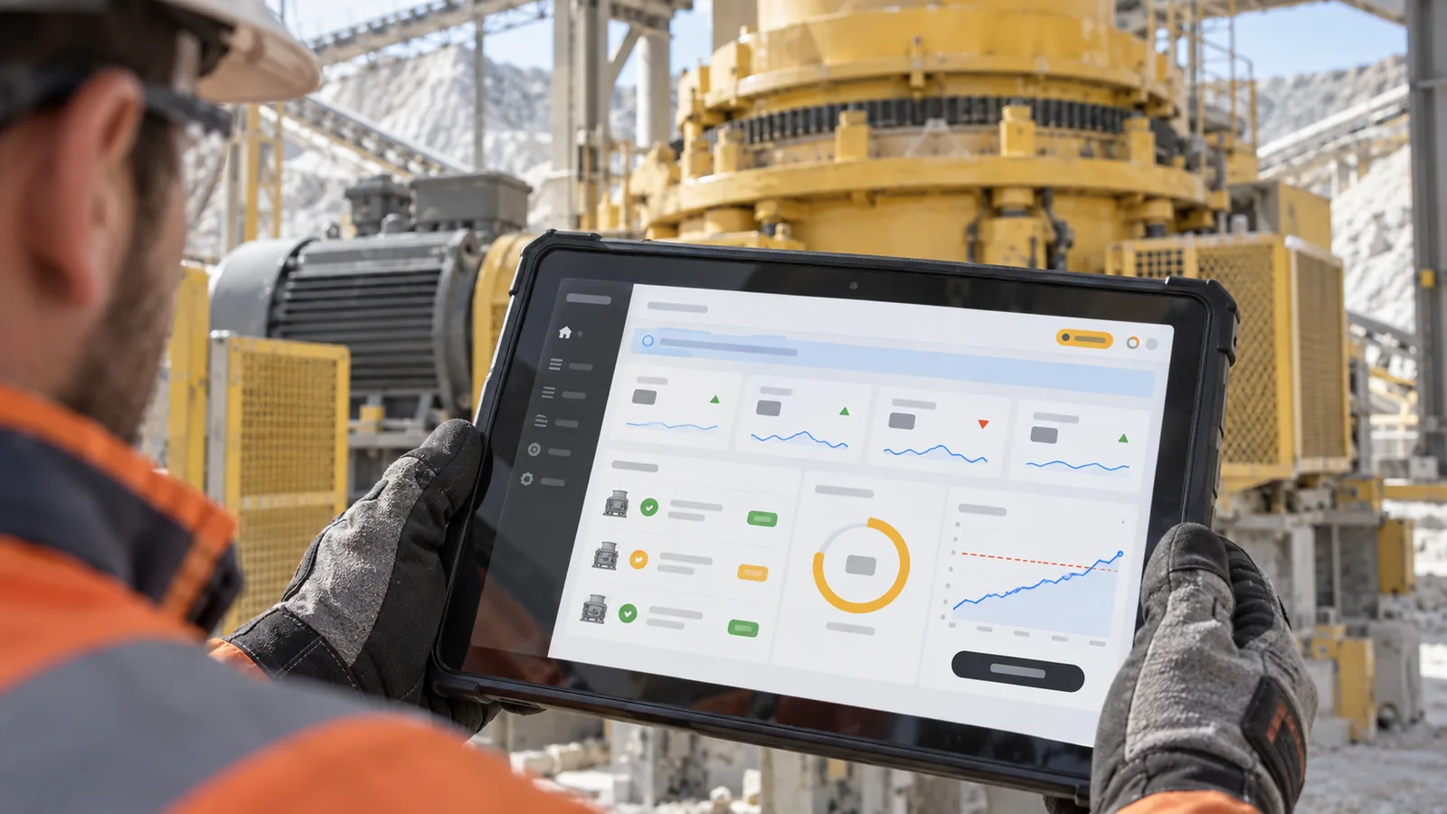 Machine Condition screen on a rugged tablet beside a cone crusher