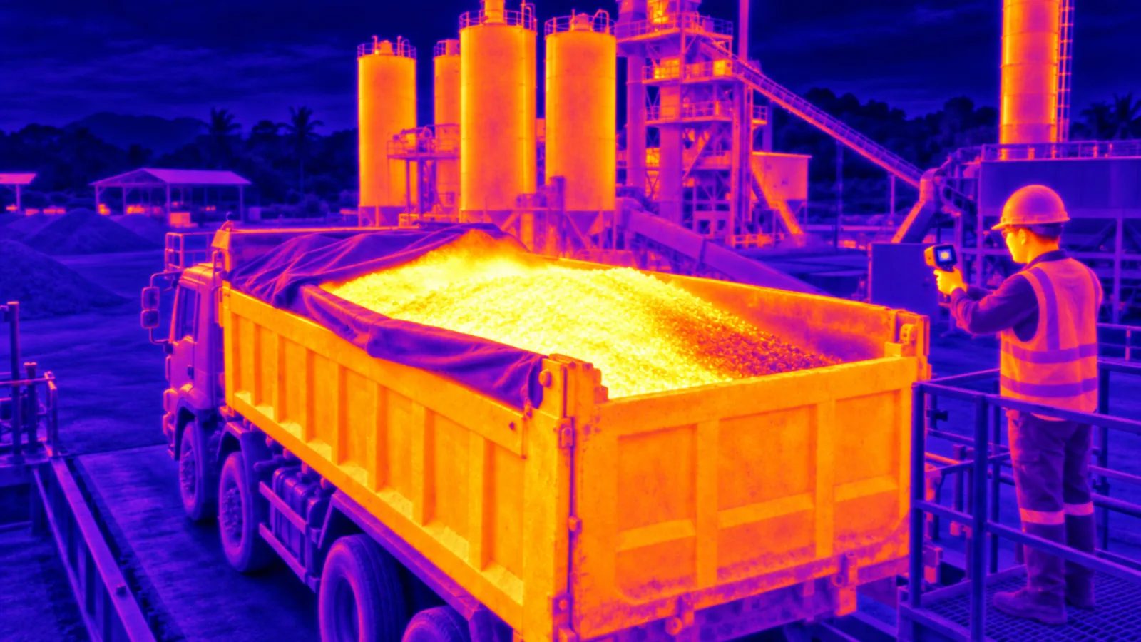 Truck loaded with hot-mix asphalt, thermal view