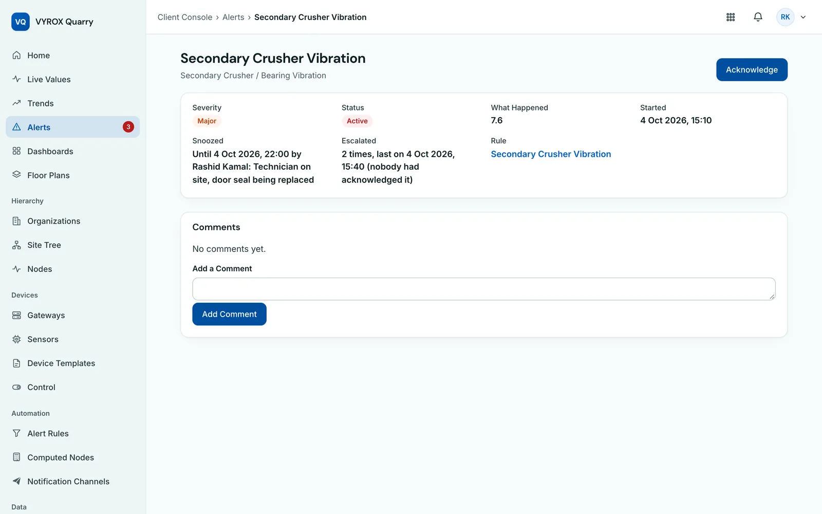 AI Quarry alert page for Secondary Crusher Vibration showing severity, status, snoozed until time with a note, escalation count and comments