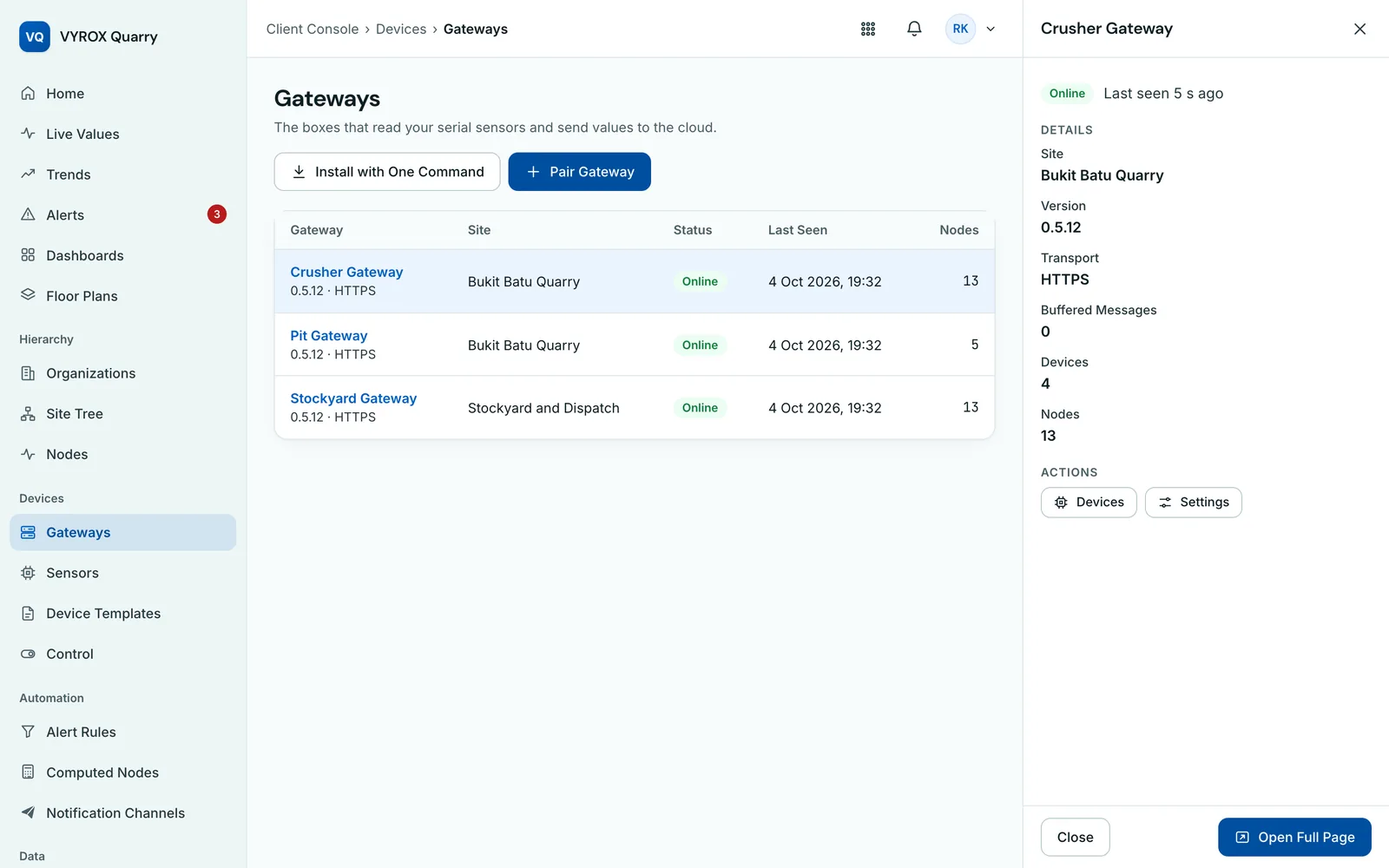 AI Quarry Gateways list with status and version 0.5.12, and a side panel showing online state, version, buffered messages and configuration