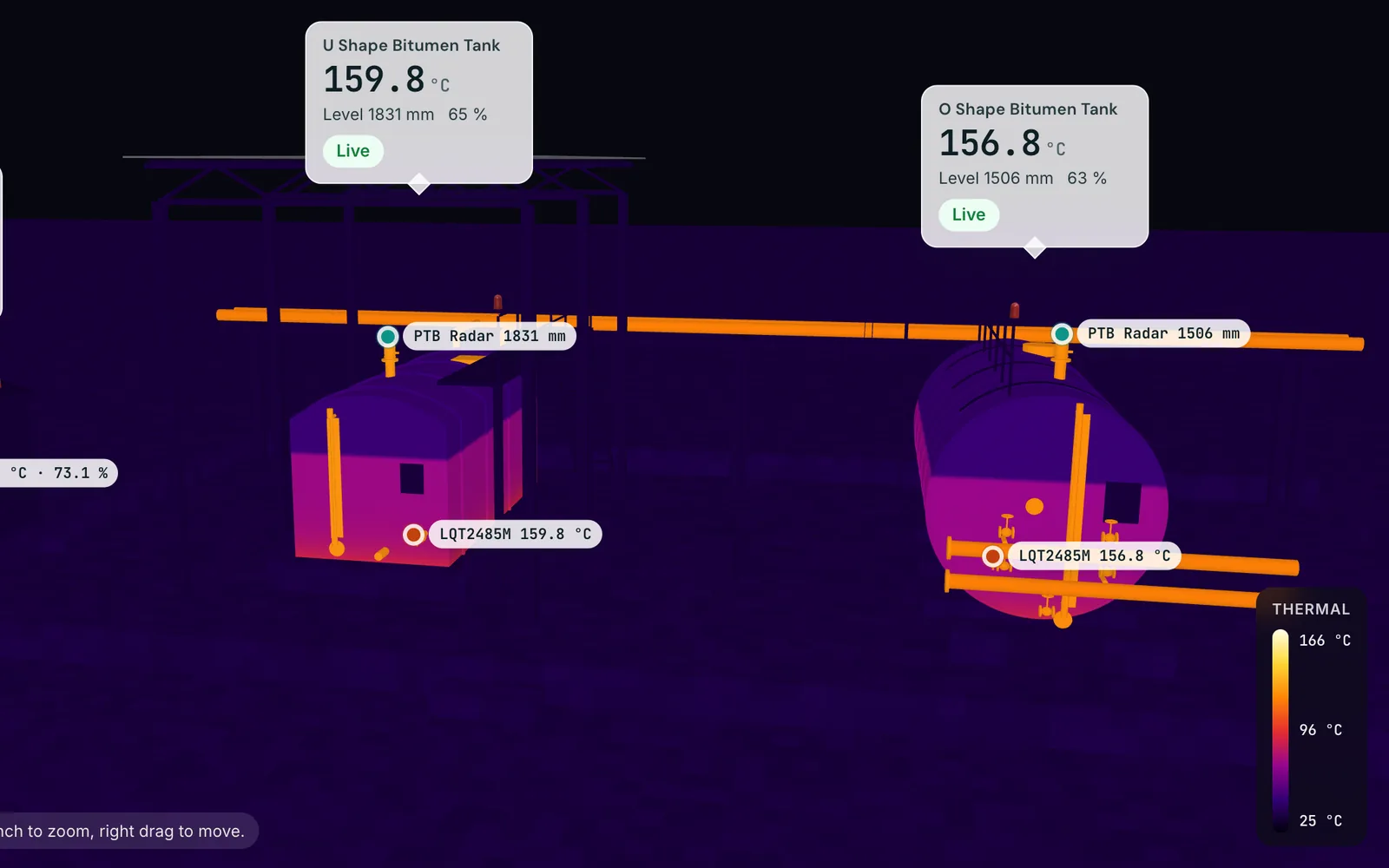 The 3D Tank View in thermal mode with hot tank skins and pipes in orange and yellow on a dark background and a temperature scale